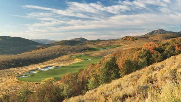 A fall day view of a fairway at Painted Valley Golf Course from Promontory Club