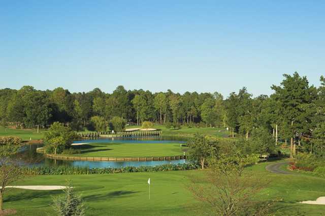 A view of green #14 with the island fairway in the back at Baywood Greens