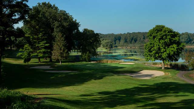 A view of the 15th green with water and bunkers coming into play at South Bend Country Club