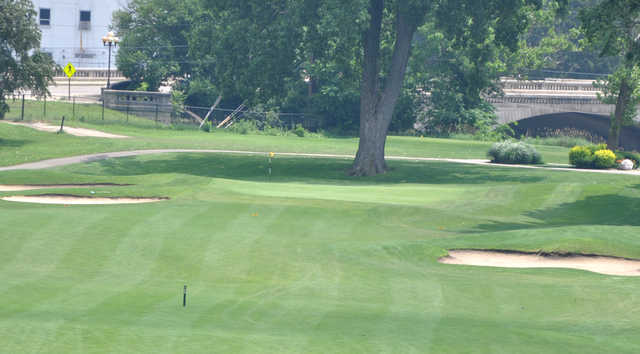 A view of a well protected hole at Coffin Golf Club.