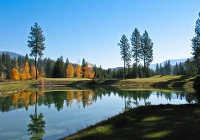 A view over the water of hole #7 at Trestle Creek Golf Course