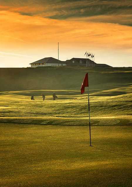 A view of the clubhouse from green #1 at Balcomie Links Course from Crail Golfing Society