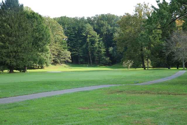 A sunny day view of a hole at Martinsville Country Club.