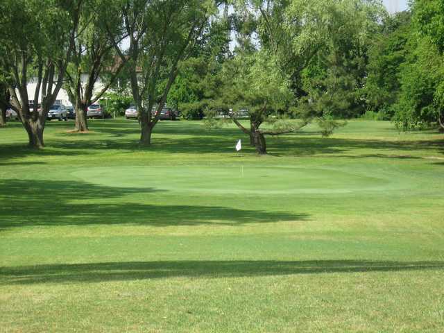 A view of a green surrounded by trees at Midway Par 3 Golf Course