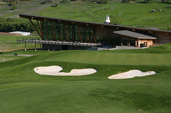 A view of a hole protected by sand traps at Soldier Hollow Golf Course
