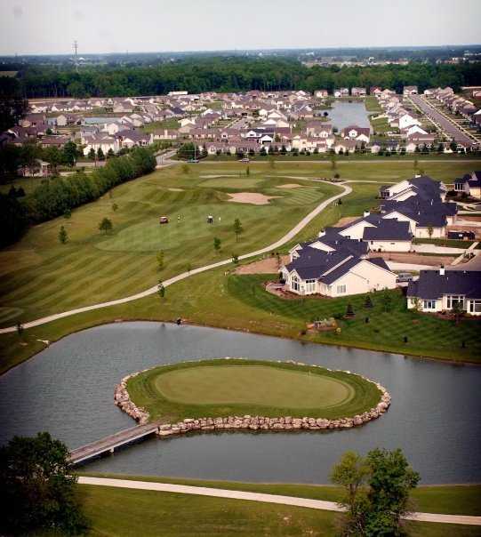 Aerial view of the island green #6 and #7 at Cherry Hill Golf Club