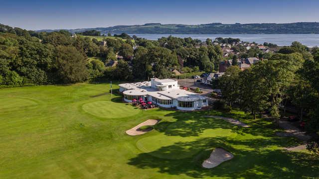 Aerial view of the 18th hole and clubhouse at Cardross Golf Club.