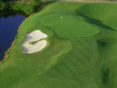 Aerial view of the 11th hole with water coming into play from left at Bayville Golf Club