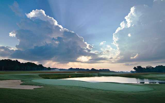 A view of the 8th hole with water coming into play at Schoolmaster Course from Shoals Golf Club
