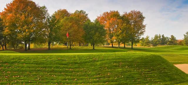 A fall day view of a hole at Crooked Stick Golf Club