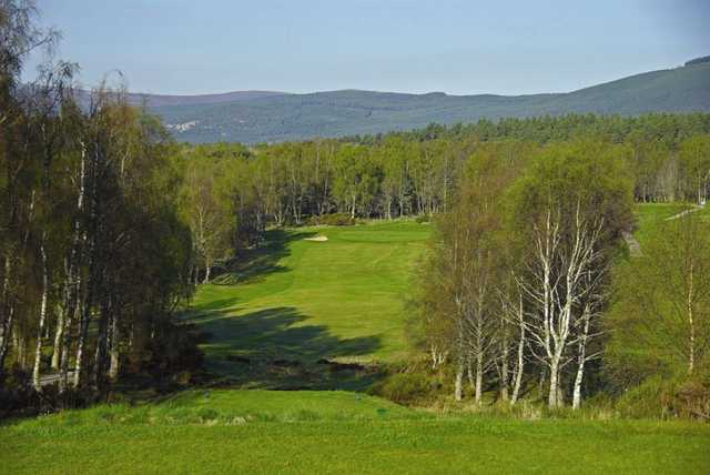 The raised 12th tee looking down onto the green at Boat of Garten Golf Club