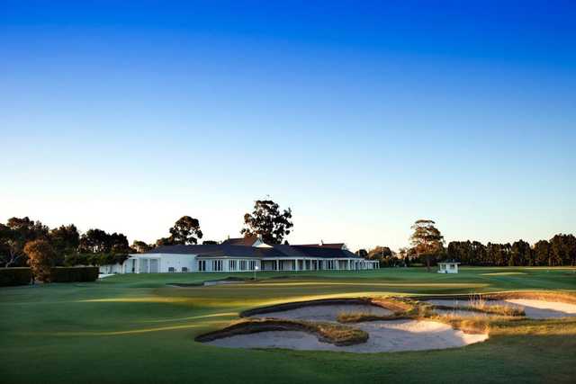 A view of the 18th green with clubhouse in background at Kingston Heath Golf Club