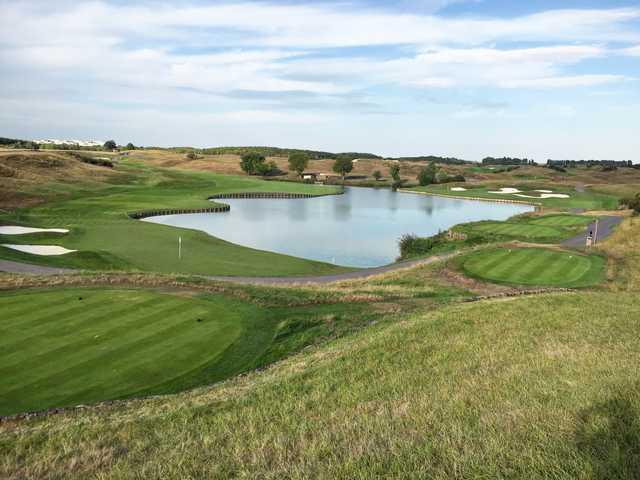 A pond guards the first and second greens on the Albatros at Le Golf National, the 2018 Ryder Cup venue.
