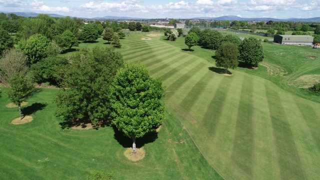 Aerial view of a fairway and green at Rathbane Golf Course.