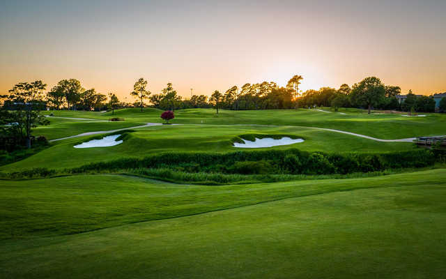 A sunset view of hole #18 at Jimmie Austin University of Oklahoma Golf Course.