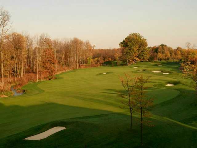 A fall day view of a fairway at Bridgewater Club