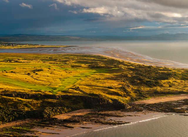 Aerial view of the 11th and 12th greens from Gullane Golf Club - No. 1.