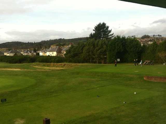 A view across the 10th tee to the 1st tee at Scotscraig Golf Club