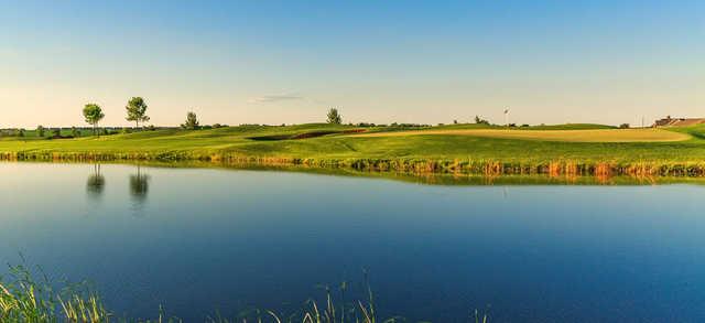 A view over the water of a hole at Bakker Crossing Golf Course.