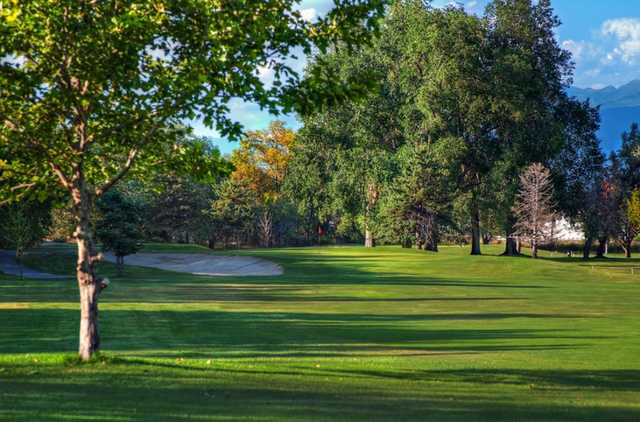 A view of a green protected by sand trap at Rose Park Golf Course.