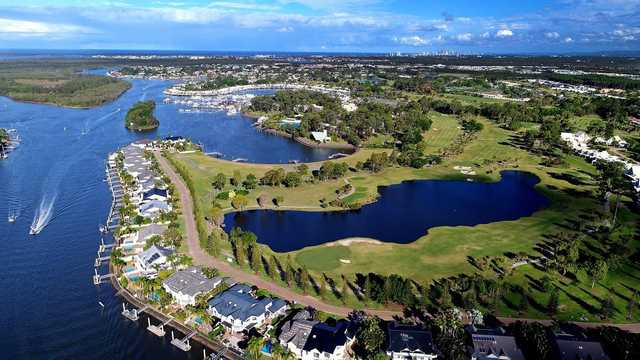 Aerial view of the 15th and 16th greens from The Palms at Sanctuary Cove Resort.