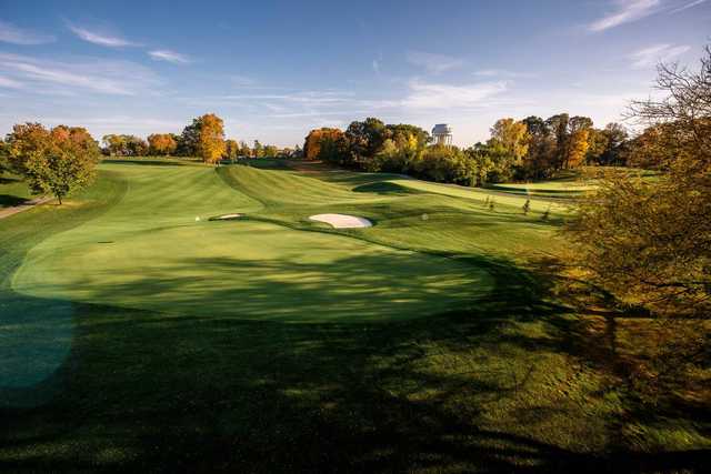 A fall day view of a green at Birck Boilermaker Golf Complex.