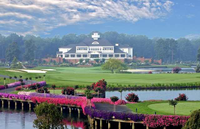 A view of the clubhouse from tee #18 at Baywood Greens