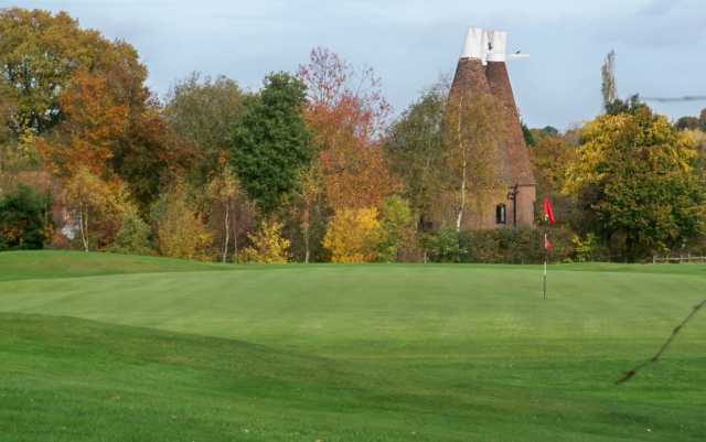 A fall day view of a green at Boars Head Golf Centre.