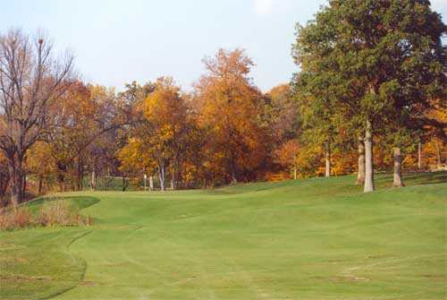A fall view of the 16th hole at Coyote Crossing Golf Course