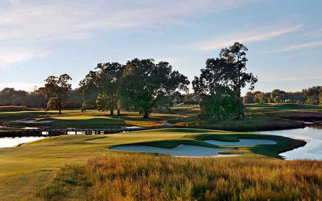 A view of the 5th green surrounded by water at Fighting Joe Course from Shoals Golf Club