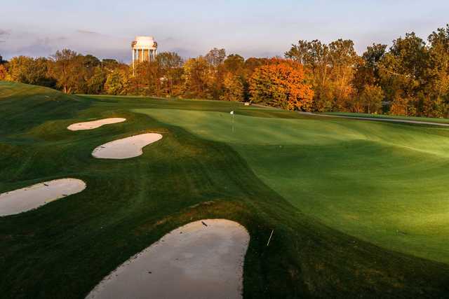 A fal day view of a green at Birck Boilermaker Golf Complex.