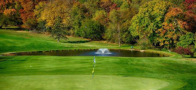 A fall day view of a hole at Newark Country Club.