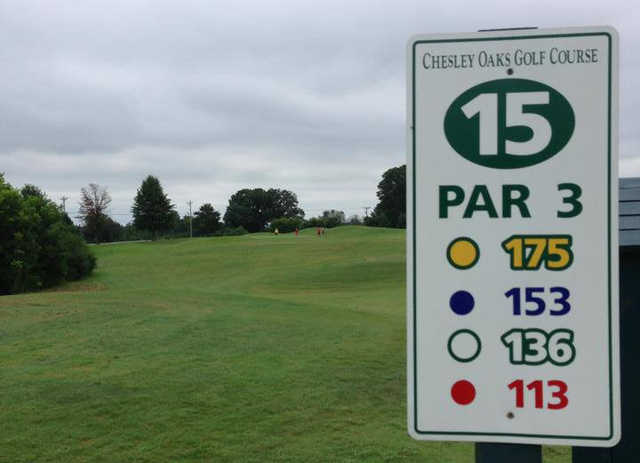 A view from tee #15 sign at Chesley Oaks Golf Club.