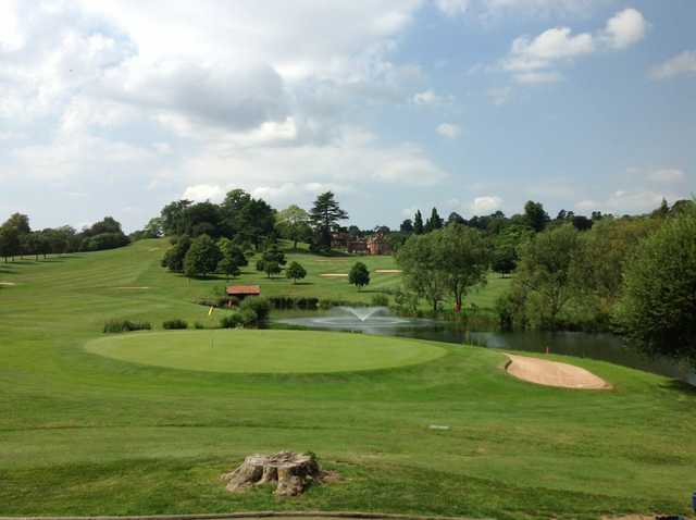 Beautiful view of the 8th and 16th greens and the pond at The Welcombe Golf Club