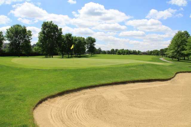 A view over a large bunker protecting a green at Briar Ridge Country Club