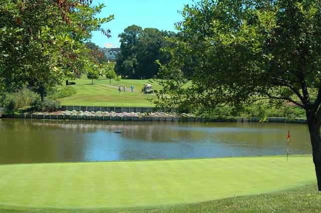 A view of a green with water coming into play at Evansville Country Club
