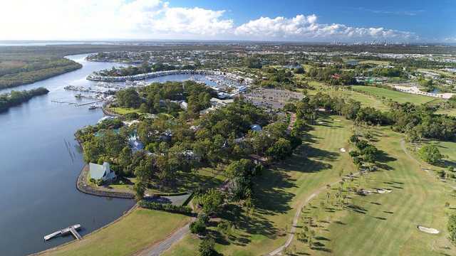 Aerial view of the 17th and 14th holes from The Palms at Sanctuary Cove Resort.