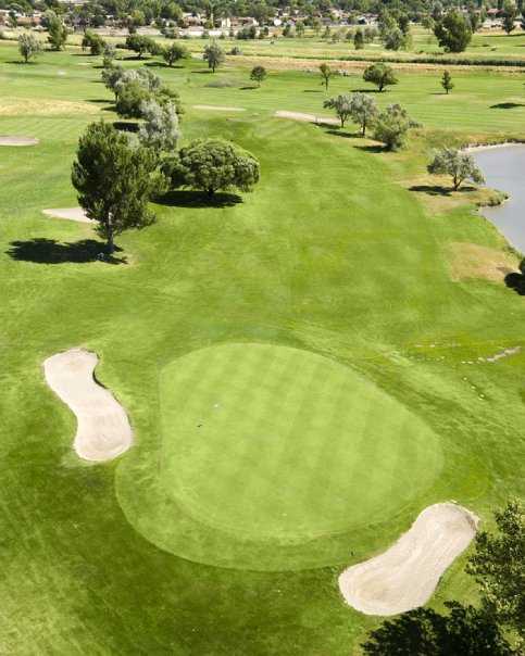 Aerial view of green protected by sand traps at Glendale Golf Course