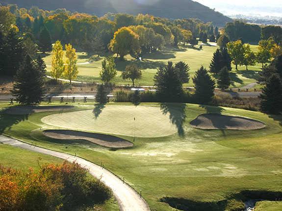 A view of a green protected by sand traps at Wasatch Mountain State Park