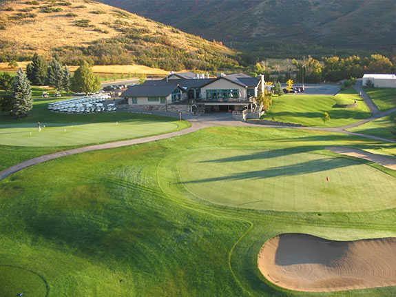A view of a green protected by large bunkers at Wasatch Mountain State Park