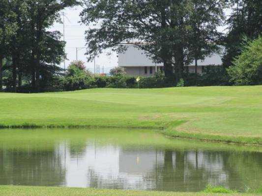 A view over the water of hole #5 at Becky Peirce Golf Course
