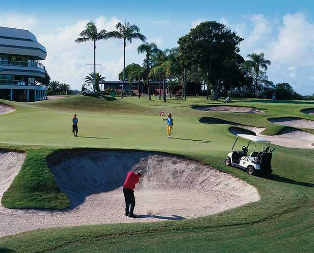 A view of a green protected by a collection of tricky bunkers at River Course from Coolangatta & Tweed Heads Golf Club