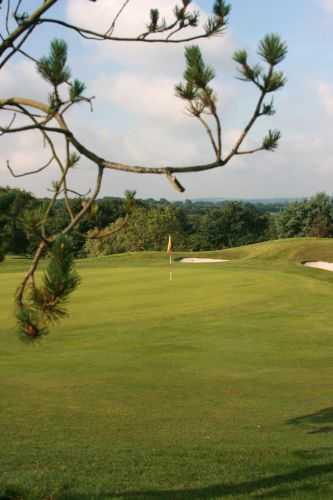 A view of a green guarded by bunkers at Bowood Park Hotel & Golf Club.