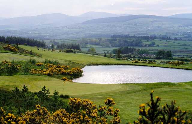 A view of a green with water coming into play at Roundwood Golf Club