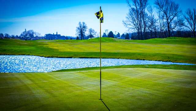 A view of a hole with water coming into play at Stonehenge Golf Club