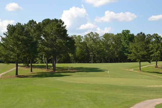 A view of a green with narrow paths on both sides at Cahaba Falls Country Club