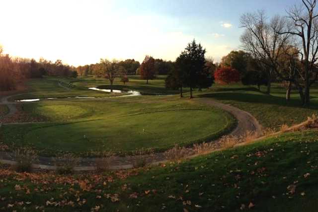 A fall view of a tee at Dye's Walk Golf Course