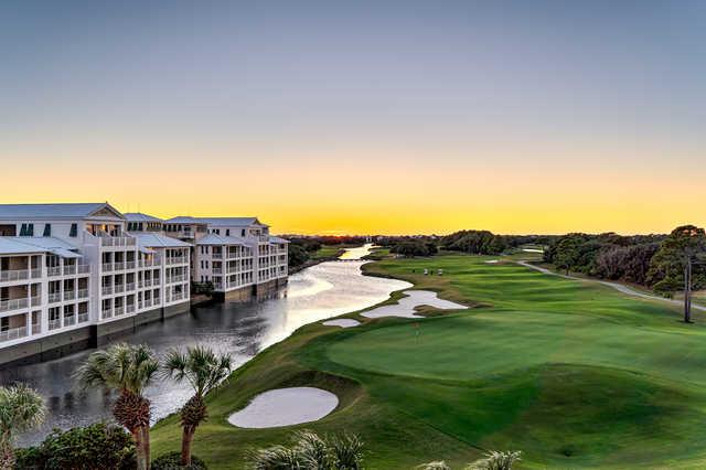Aerial view of the 18th hole at Kiva Dunes Golf Course.