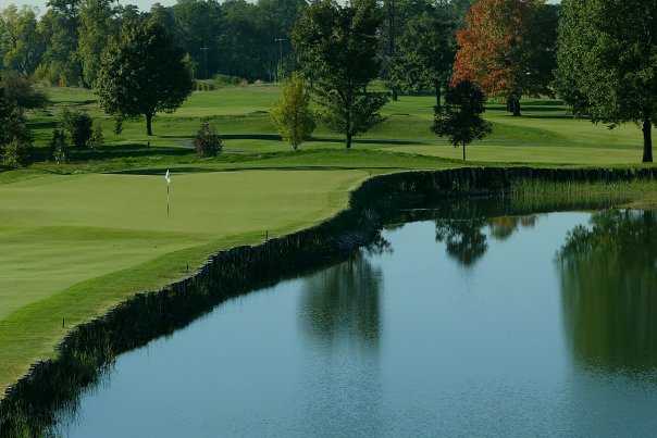 A view of hole #17 with water coming into play from right at Kampen Course from Birck Boilermaker Golf Complex