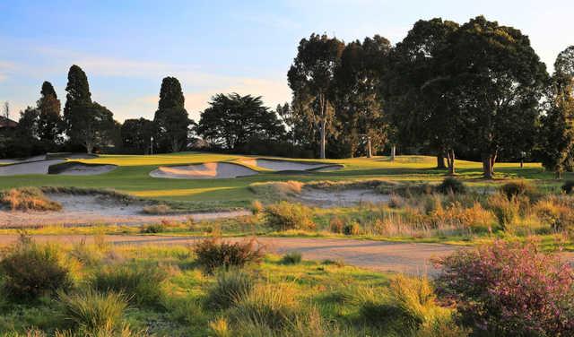 A view of a green surrounded by bunkers at Yarra Yarra Golf Club.